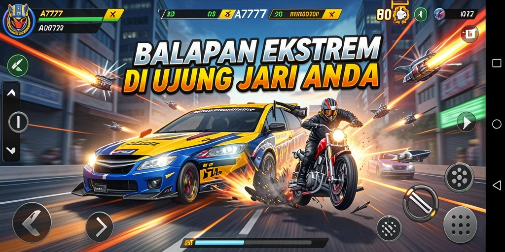 Tampilan screenshot utama A7777 yang menunjukkan aksi balap menegangkan.