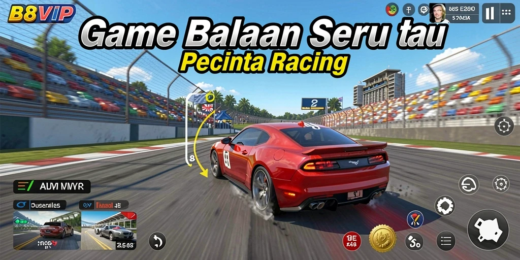Tangkapan layar B8VIP menampilkan balapan intens dengan mobil yang memukau.
