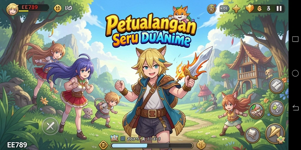 Tampilan gameplay EE789 yang cerah dan penuh aksi dalam dunia anime.