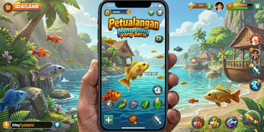 Tampilan gameplay <strong>IDAGAME</strong> saat menangkap ikan di danau.