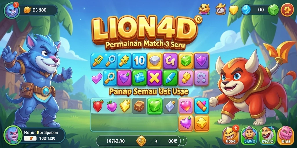 Screenshot menunjukkan gameplay seru LION4D dengan permata berwarna-warni.