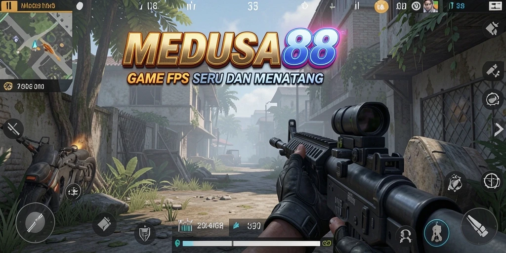 Screenshot menunjukkan aksi gameplay intens MEDUSA88 dalam pertarungan FPS.