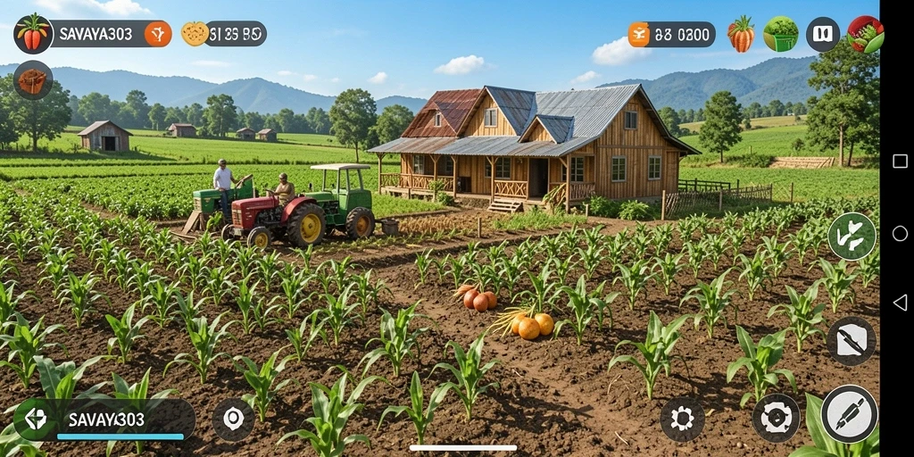 Screenshot game <strong>SAVAYA303</strong> menampilkan kebun yang indah dan tanaman yang subur.
